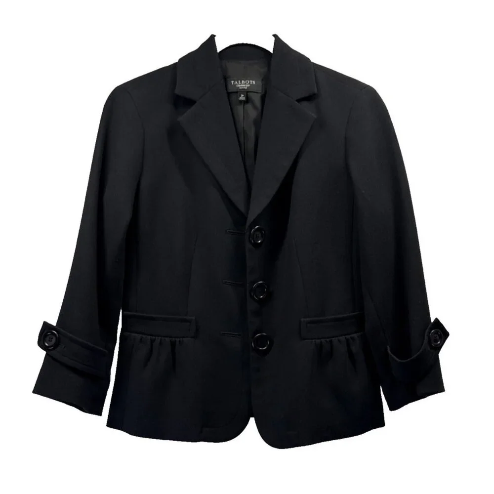 Talbots Women's Blazer Size 2P Petite Solid Black‎ Long Sleeves Buttons Pockets - Picture 3 of 11